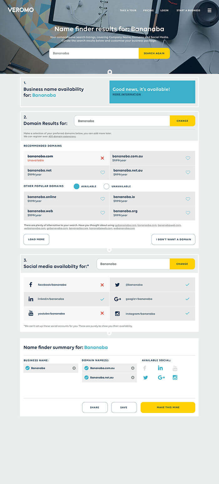 Veromo easy to use Namefinder helps you find your business name fast.