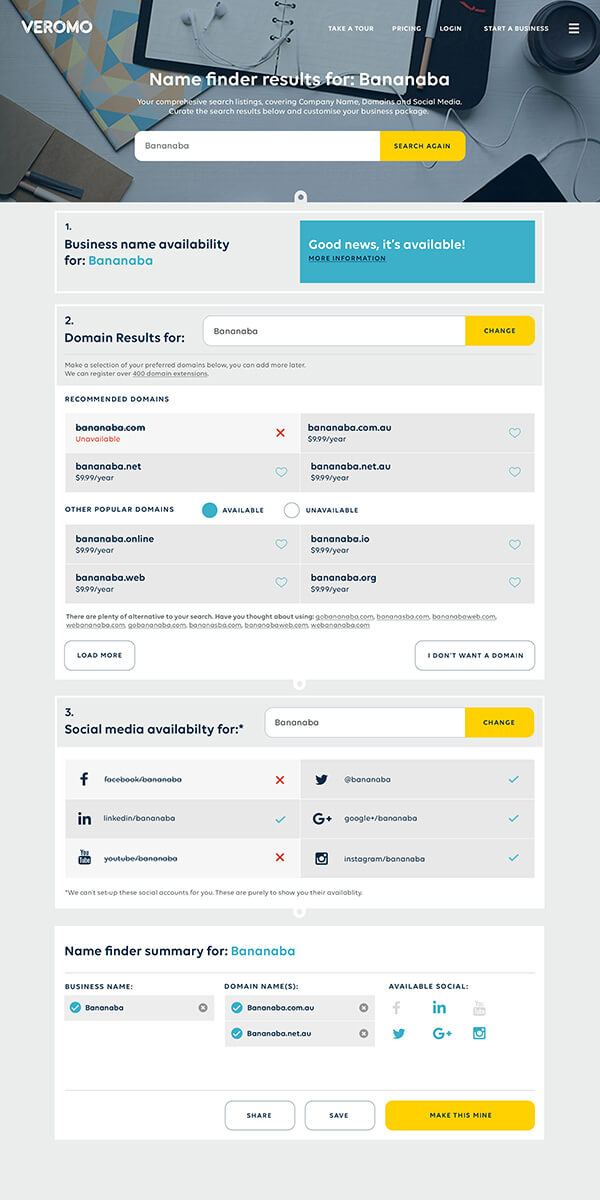 Find your business name and domain name fast with the Veromo NameFinder.